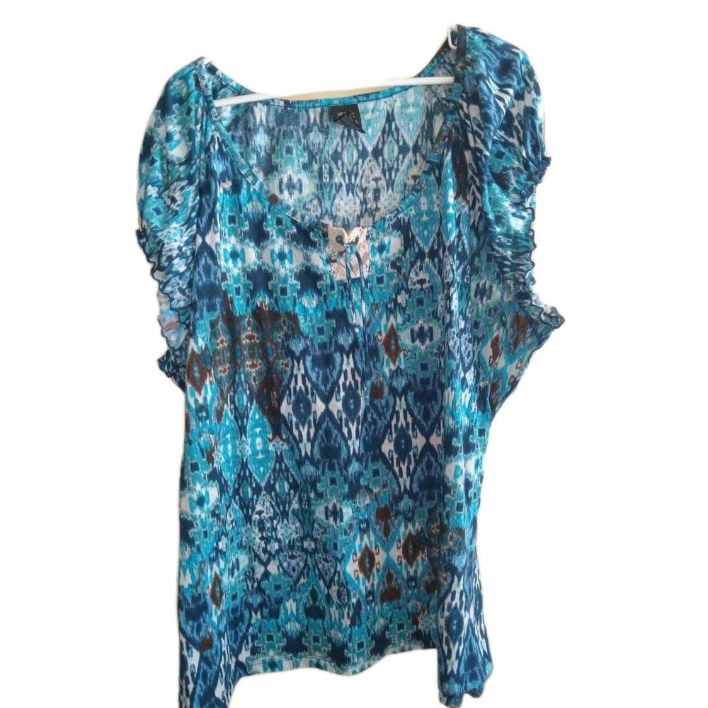 Womens 4X‎ Blue White Brown Ikat Tribal Print Ruffle Sleeve Top Sz 26W Boho